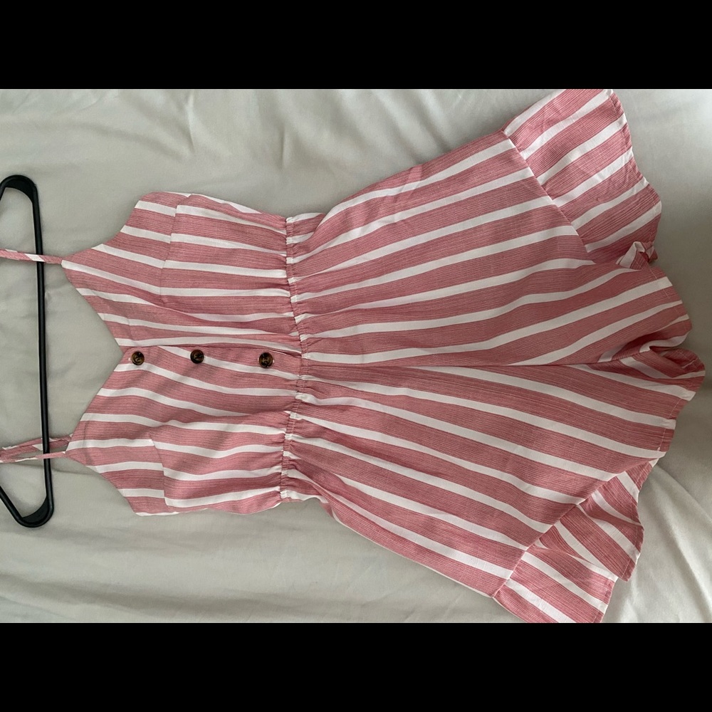 Pink and white striped button up romper